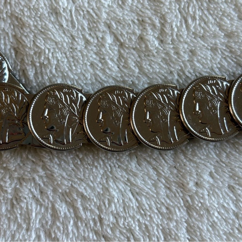 silver conch belt metal stretch elastic belt hook clasp coin‎ design 1" Vintage - Picture 2 of 6